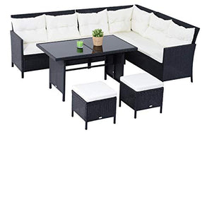 Outsunny Set mobili da Giardino 6 Pezzi in polyrattan: 3 panche a 2 posti, 2 poggiapiedi e Un Tavolo Rettangolare