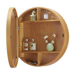 Specchi Specchio Rotondo Armadietto Bagno di Stoccaggio Specchio Mobiletto del Bagno Storage con Mensola A Muro in Legno Solido Tondo Parete A Specchio Appeso (Color : Brown, Size : 50cm/19.7 inch)