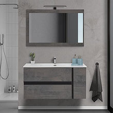 Mobile bagno sospeso 90/110 cm, cassetti e ante con chiusura rallentata, completo di specchio e lavabo in ceramioa (Effetto Pietra Oxid, Mobile 110 con lavabo e specchio)