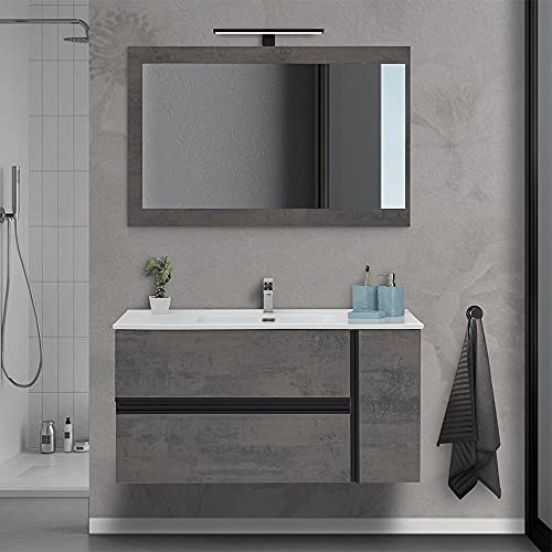 Mobile bagno sospeso 90/110 cm, cassetti e ante con chiusura rallentata, completo di specchio e lavabo in ceramioa (Effetto Pietra Oxid, Mobile 110 con lavabo e specchio)