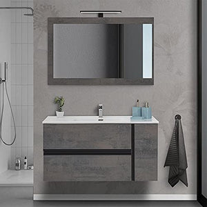Mobile bagno sospeso 90/110 cm, cassetti e ante con chiusura rallentata, completo di specchio e lavabo in ceramioa (Effetto Pietra Oxid, Mobile 110 con lavabo e specchio)