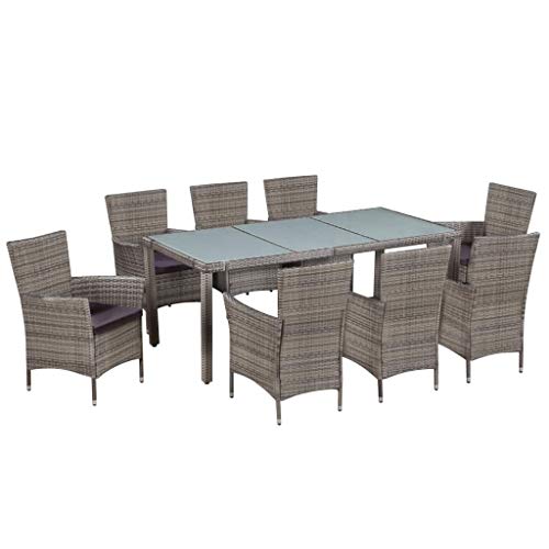 SKM Set da Pranzo da Giardino 9 pz con Cuscini in Polyrattan Grigio (87.5kg)