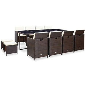 OUSEE Set da Pranzo da Giardino 13 pz con Cuscini Polyrattan Marrone
