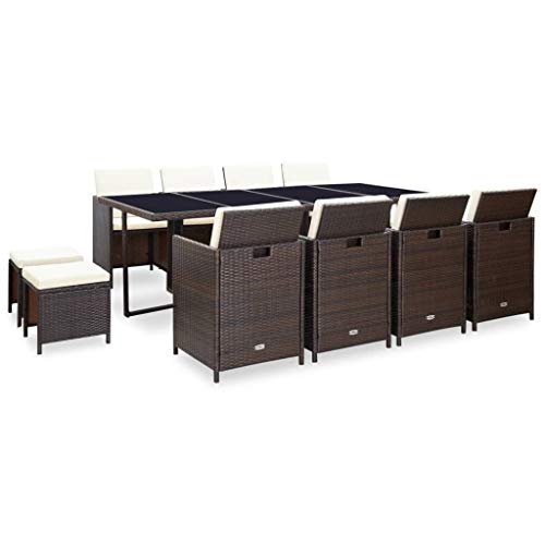 Set da Pranzo da Giardino 13 pz con Cuscini Polyrattan Marrone