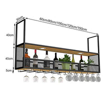 N/Z Home Furnishings Hanging Ceiling Mounted Wine Rack Wooden | Metal Wine Bottle Holder with Spotlights | Suspended Wine Glass Holder | Wine Holder Home Kitchen Decor (Black)