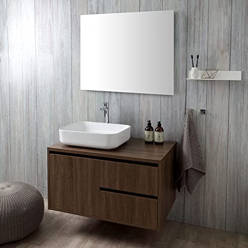 Kiamami Valentina MOBILE BAGNO SOSPESO 90CM NOCE SCURO, LAVABO APPOGGIO, SPECCHIO | SIENA