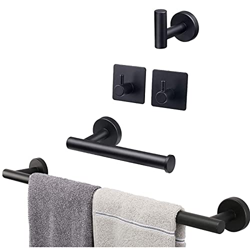 Powstro [5 pezzi] Set portasciugamani in acciaio inossidabile, portasciugamani da bagno a parete, 1 portasciugamani, 1 portasciugamani di carta, 3 ganci per accappatoio, kit accessori da bagno, nero