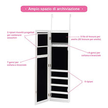 COSTWAY Armadietto per Gioielli con Specchio a Parete e Porta con Luce a LED, Portagioielli da Parete, 106 x 30 x 8,5 cm, Bianco