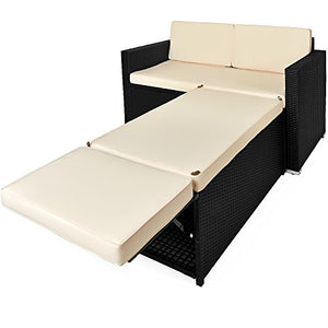 Casaria Divano Lounge 2 Posti Divanetto Nero con Cuscini Panna Pouf Mobile Chaise Longue Mobili Balcone