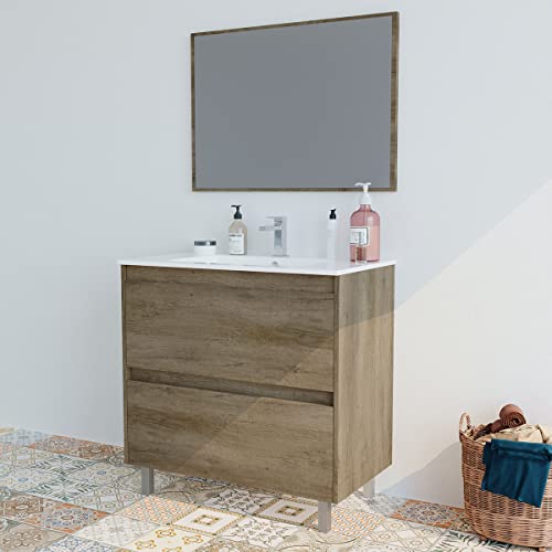MarinelliGroup Mobile Bagno 80 cm con lavabo in Ceramica e Specchio con cassetti Rovere. Dalia