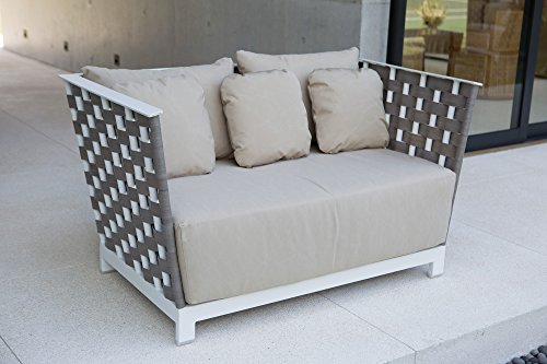 Divano da Esterno L 82 cm - H 80 cm - L142 cm con Cuscini antimacchia, Intreccio Effetto Legno RIF. in Alluminio Bianco, Resistente all'Usura e agli Agenti atmosferici, Rifiniture di pregio