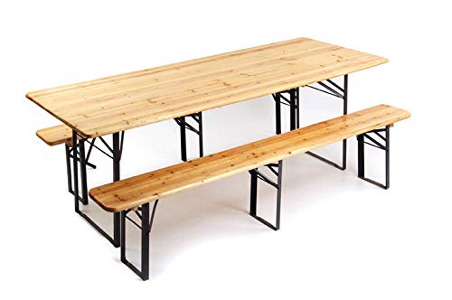 TAVOLO/TAVOLA BIRRERIA COMPLETO DI PANCHE IN LEGNO CON 3 GAMBE PIEGHEVOLI PERFETTO PER BIRRERIA PUB BAR FIERA GIARDINO CAMPEGGIO PICNIC TERRAZZA FESTE MATRIMONIO 220X70X76