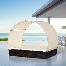 Outsunny Sdraio da Giardino Doppia con Tettuccio e Schienale 5 Reclinazioni, Lettino Prendisole in Rattan PE 196x137x36.5cm Bianco Crema