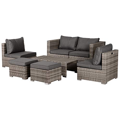 Outsunny Divano da Esterno in Rattan e Alluminio, Set 8 Pezzi, Salottino da Giardino Grigio, Salvaspazio (75x75x71cm)