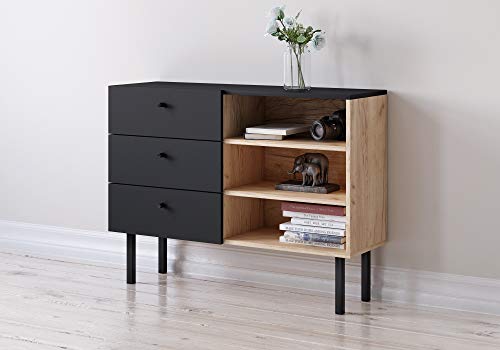 Cassettiera moderna Angess, 100 cm, rovere artigianale/nero