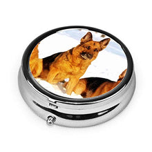 Scatola rotonda per medicina portatile, mini pillole in metallo, dispenser per pillole tascabili, borsa da viaggio, regalo per cani, pastore e neve
