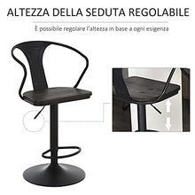 homcom Set 2 Sgabelli da Bar Girevoli, Acciaio Nero e Legno con Altezza Regolabile, Schienale e Braccioli 52x53x91-114cm