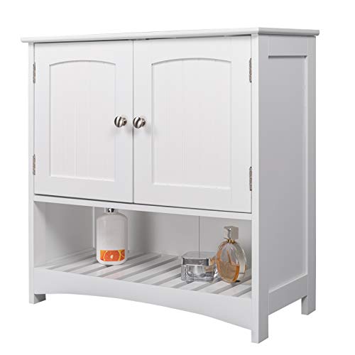 eSituro Armadietto Sottolavabo da Bagno Mobile a Terra con 2 Ante in Legno Bianco Mobiletto sotto Il Lavello SBP0022