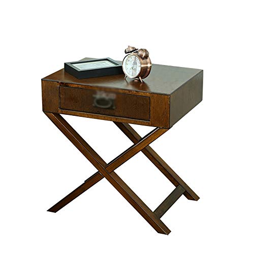 Comodino HAIZHEN Tavolino retrò in Legno massello, 1 cassetto e Gamba a X, Colore Noce/Colore Legno, 55 × 40 × 60 cm (Color : Walnut Color)