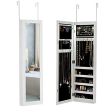 COSTWAY Armadietto per Gioielli con Specchio a Parete e Porta con Luce a LED, Portagioielli da Parete, 106 x 30 x 8,5 cm, Bianco