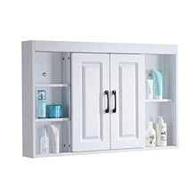 Bathroom mirror Armadietto Specchio Bagno in Legno Massello, Scatola Portaoggetti Nascosta con Doppio Sportello, con Ripiano, Bianco, 65 × 70 × 14 Cm