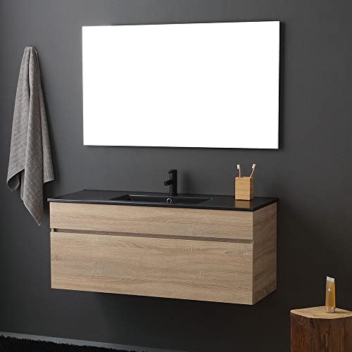 Kiamami Valentina MOBILE BAGNO CM120 QUERCIA EFFETTO LEGNO CON LAVABO NERO SINGOLO | SOLE