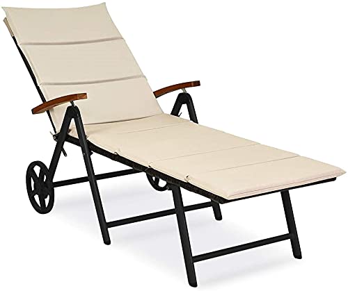 Lettino prendisole Zero Gravity, Lettino prendisole reclinabile pieghevole in rattan con ruote, Sedia a sdraio in vimini con struttura in alluminio regolabile in 7 posizioni, Patio da giardino Lettino
