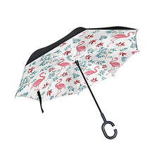 LENNEL Ombrelli invertiti pieghevoli con strisce riflettenti di sicurezza notturna doppio strato antivento design a C manico rosa fenicottero uccelli con albero Plam