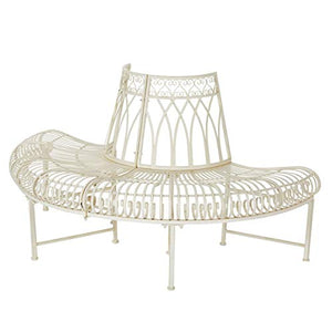 Pureday Panca da Giardino, Panca da Albero, a semicerchio, Ferro, Marrone Antico, ca. L 148 x P 74 x A 78cm - Bianco Antico