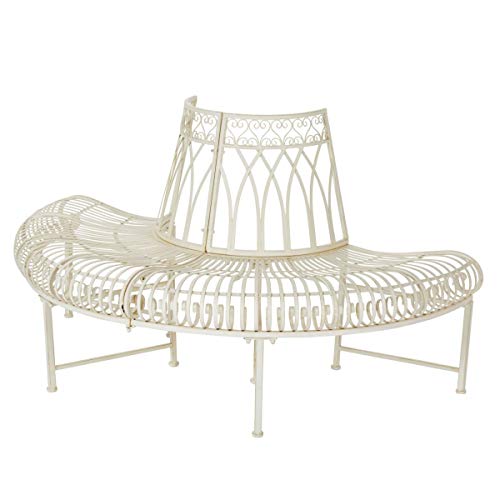 Pureday Panca da Giardino, Panca da Albero, a semicerchio, Ferro, Marrone Antico, ca. L 148 x P 74 x A 78cm - Bianco Antico