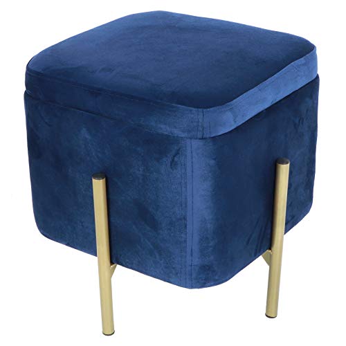 Sgabello Contenitore in flanella con vano portaoggetti e coperchio, Pouf Poggiapiedi Ottomano quadrata con robuste gambe in ferro, Portante 80 kg, per Camera da Letto Soggiorno, 37x37x42cm(Blu Scuro)