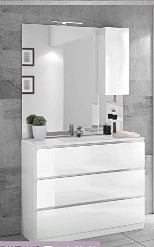 Mobile da bagno con lavabo - Componibile bagno 3 cassetti con maniglia a gola, lavabo e specchio con luce a Led cm. 100 x 46 x 189h. (STMB)