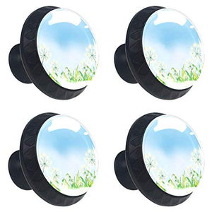 Set di 4 maniglie rotonde per armadio da cucina, credenza, cassettiera, cassettiera, con viti, per cucina, comò, armadietto, bagno, armadio Le erbacce, dente di leone sotto il cielo blu
