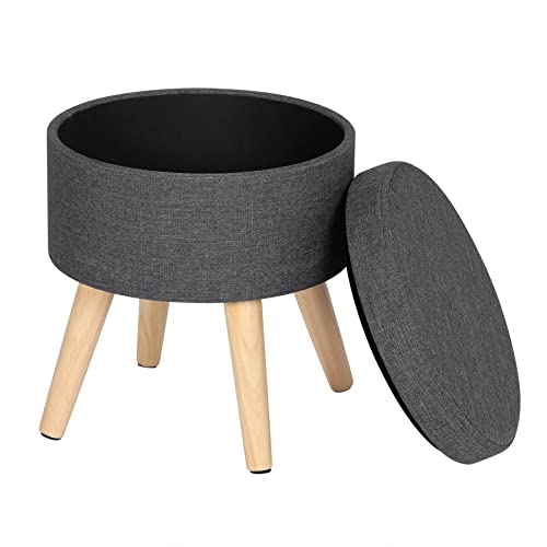WOLTU SH08dgr Pouf Contenitore Sgabello Basso Sedia Rotonda Poggiapiedi Gambe in Legno Grigio Scuro