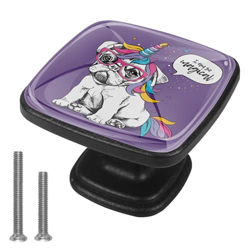 Set di 4 pezzi con maniglia quadrata per armadio da cucina, credenza, cassettiera, cassettiera, con viti, per cucina, comò, armadietto, bagno, armadio, carlino con unicorno, viola