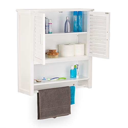 Relaxdays LAMELL Mobile Pensile Bagno Bianco, Armadietto con Portasciugamani, Mobiletto in Bambù, HxLxP: 66 x 62 x 20 cm