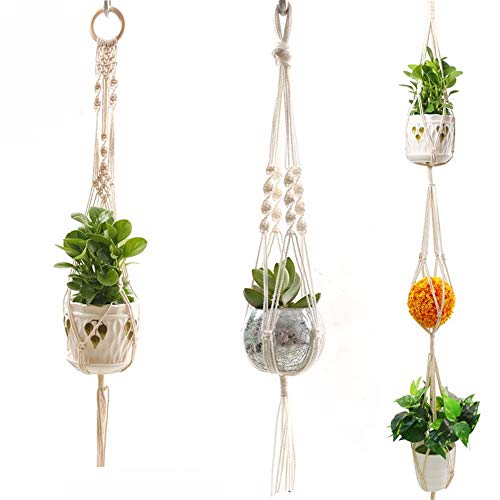 MICROSHE Macrame Plant Hanging Planter Appendiabiti da Terra per Vaso Fioriera Set di 3 Diverse Dimensioni Appendiabiti per Piante Macrame Outdoor (Colore : Beige, Dimensione : Set of 3)
