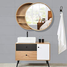 Rotonda Mensola Per Bagno con Push-Pull Specchio,50X50cm Mobiletto A Un’Anta Specchiato, Materiale In Legno Massello Pensile A Muro Montato,Beige-50cm