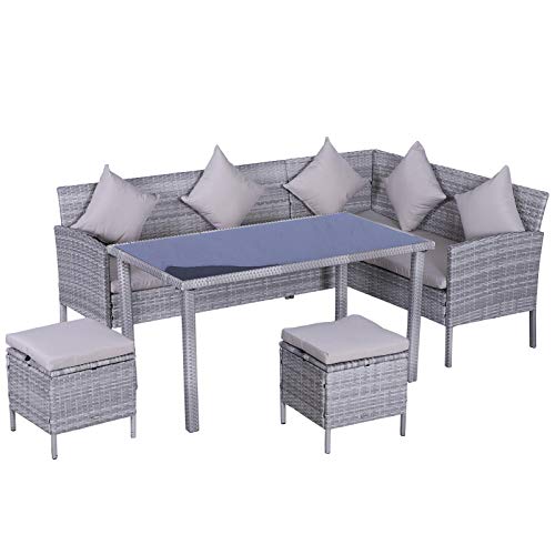 Set Salotto da Giardino in Rattan 2 Divani Angolari Tavolino 2 Sgabelli Miozzi Grigio