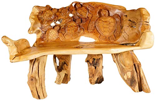 Windalf - Panchina da giardino rustica, 154 cm, con tartarughe portafortuna, realizzata a mano, in legno di radice
