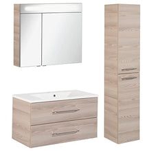 FACKELMANN B.Clever - Set di mobili da bagno 3 pezzi, 90-120 cm, in frassino con lavabo in marmo, con armadietto a specchio a LED