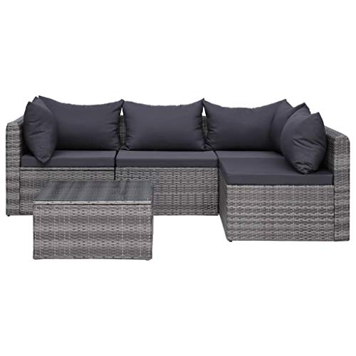 mewmewcat Set Divani da Giardino 5 pz con Cuscini in Polyrattan Grigio,5 pz Set Divani da Giardino in Polyrattan Grigio con Cuscini,Divano Modulare Giardino Rattan,Divano Angolare Rattan Esterno