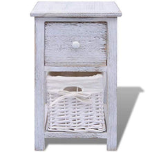 Zora Walter - Comodino in Legno, Stile Shabby Chic, Colore: Bianco Comò per Camera da Letto, con 1 cassetto e 1 Cesto in Rattan