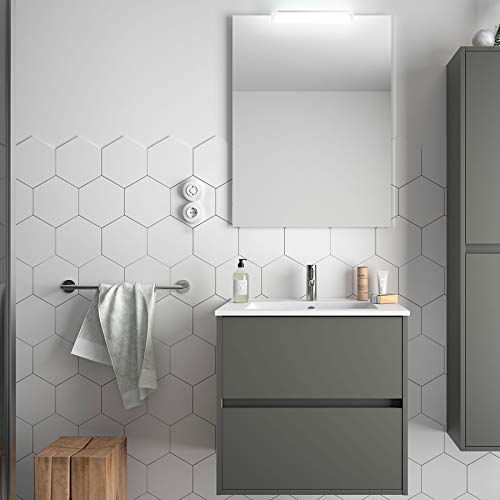 Yellowshop - Mobile Bagno Sospeso In Legno Cm 70 Completo Di Specchiera Lampada Led E Lavabo In Porcellana Arredo Modello Noja 700 Varie Colorazioni (Grigio opaco)