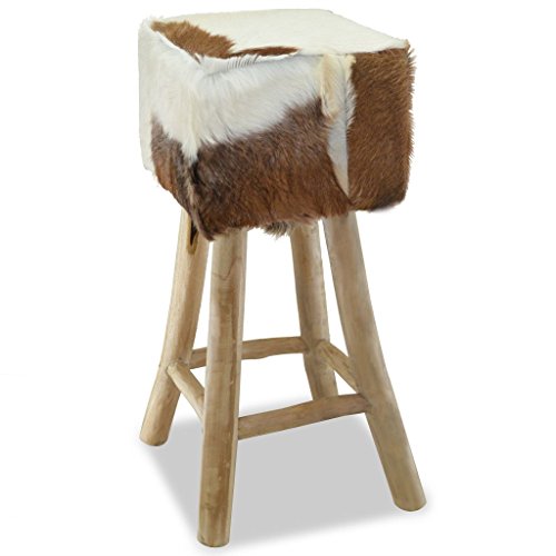 Festnight Sgabello Quadrato con Sedile in Vera Pelle di Capra e Gambe in Legno Massello di Teak da Bar/Sala da Pranzo 35 x 35 x 76 cm