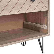 Comodino con 3 cassetti con maniglie in metallo e corridori, unico pannello posteriore e design unico a zig zag