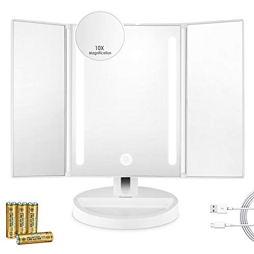 Auxmir Specchio Trucco con Luci, Specchio da Tavolo con Ingranditore 1X/10X, Luminosità Regolabile a Touch Screen,180° Girevole, Ideale Trucco, la Cura del Viso, Rasatura