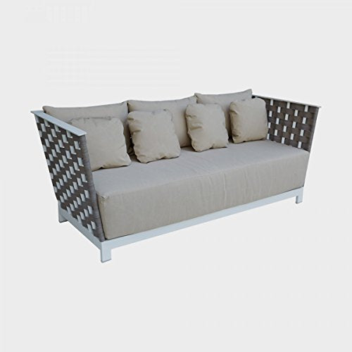 Divano da Esterno, L 82 cm - H 80 cm - L 204 cm, Cuscini antimacchia, a Intreccio Effetto Legno, RIF. in Alluminio b.co, Resistente all'Usura e agli Agenti atmosferici