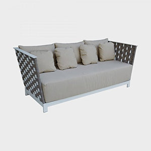 Divano da Esterno, L 82 cm - H 80 cm - L 204 cm, Cuscini antimacchia, a Intreccio Effetto Legno, RIF. in Alluminio b.co, Resistente all'Usura e agli Agenti atmosferici