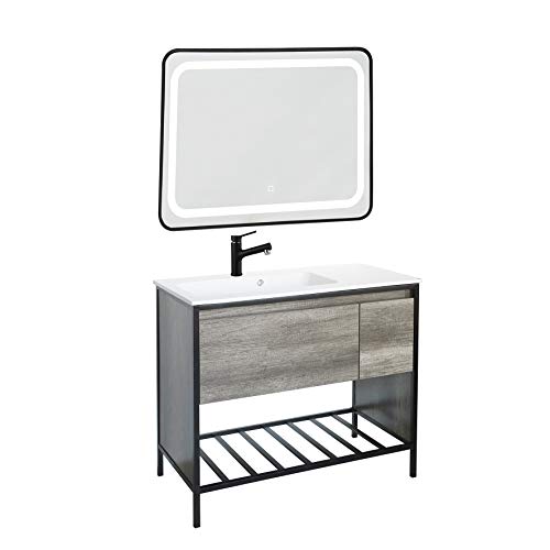 Siphonly Set di mobili da bagno | lavandino, mobiletto + specchio a LED | WC per ospiti | mobili da bagno con un ripiano sotto il cassetto in design moderno e intramontabile (90 cm)